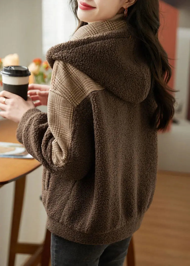 Loose Coffee Zippered Plaid Patchwork Faux Fur Hoodie Coat Fall Ada Fashion