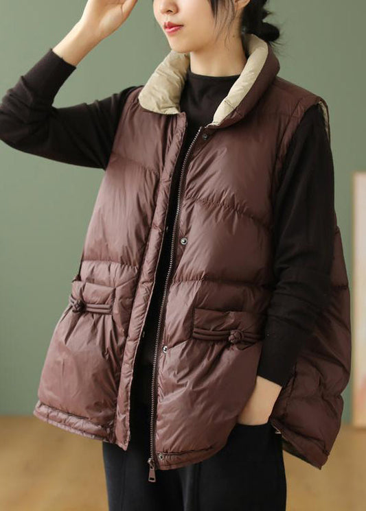 Loose Coffeee Stand Collar Drawstring Zippered Duck Down Down Waistcoat Winter Ada Fashion