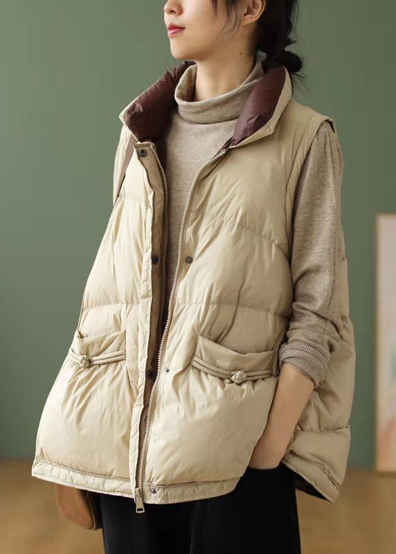 Loose Coffeee Stand Collar Drawstring Zippered Duck Down Down Waistcoat Winter Ada Fashion