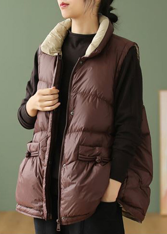 Loose Coffeee Stand Collar Drawstring Zippered Duck Down Down Waistcoat Winter Ada Fashion