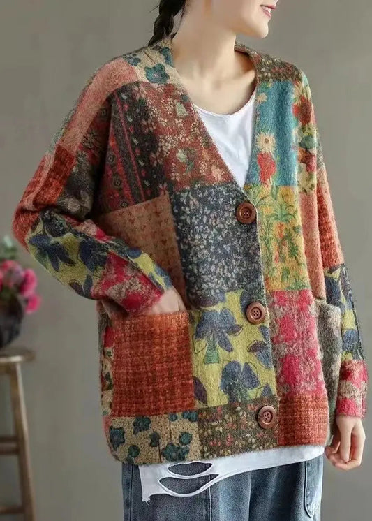 Loose Colorblock Button Pockets Mink Hair Knitted Coats Fall Ada Fashion