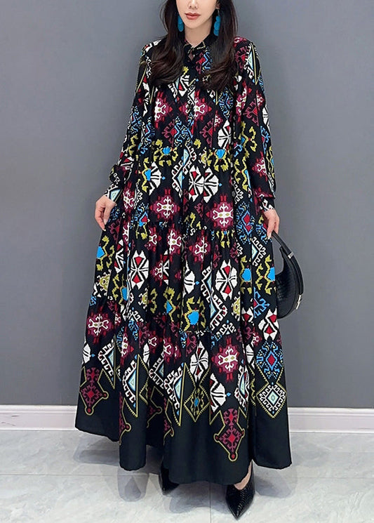 Loose Colorblock Button Print Wrinkled Cotton Blouses Dress Fall Ada Fashion