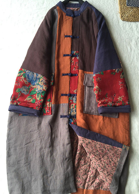 Loose Colorblock Chinese Button Pockets Patchwork Cotton Thin Coat Fall Ada Fashion