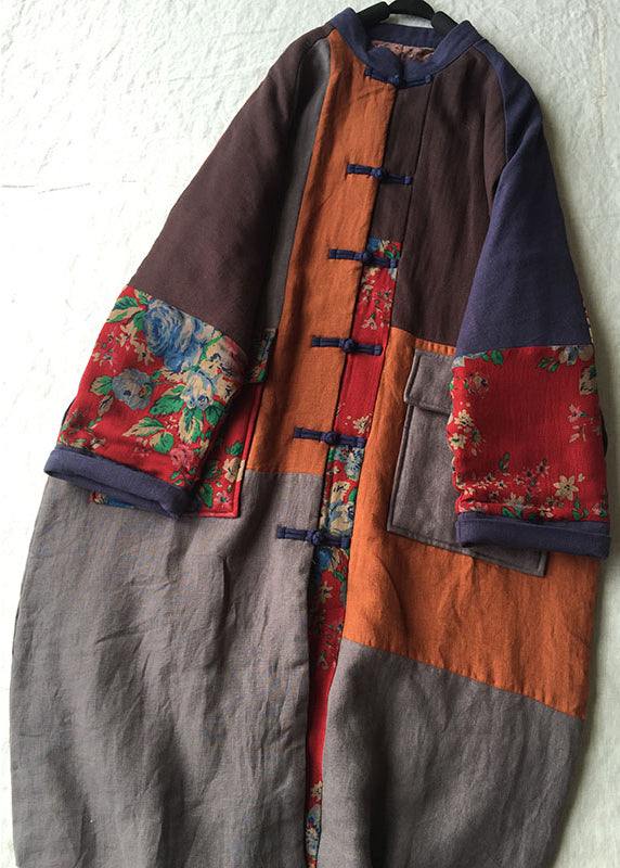 Loose Colorblock Chinese Button Pockets Patchwork Cotton Thin Coat Fall Ada Fashion