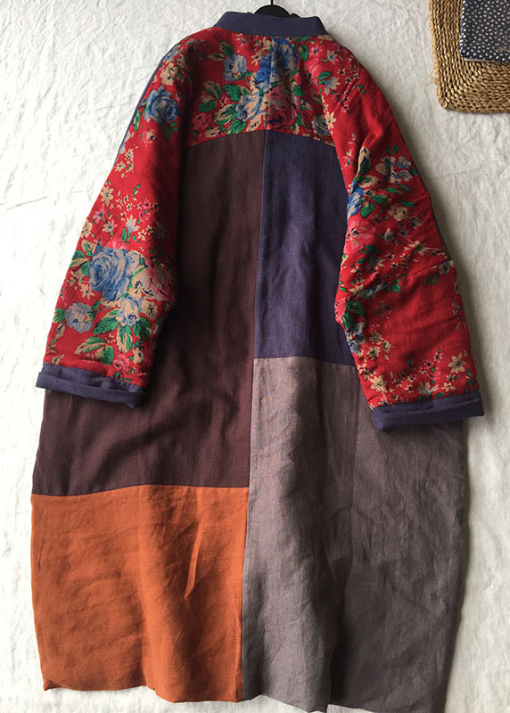 Loose Colorblock Chinese Button Pockets Patchwork Cotton Thin Coat Fall Ada Fashion