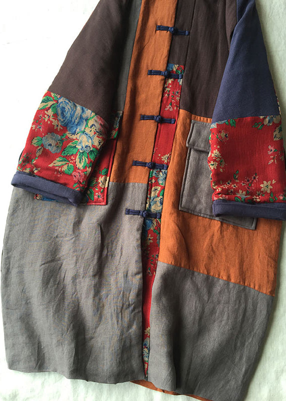 Loose Colorblock Chinese Button Pockets Patchwork Cotton Thin Coat Fall Ada Fashion