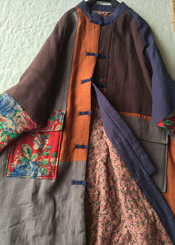 Loose Colorblock Chinese Button Pockets Patchwork Cotton Thin Coat Fall Ada Fashion