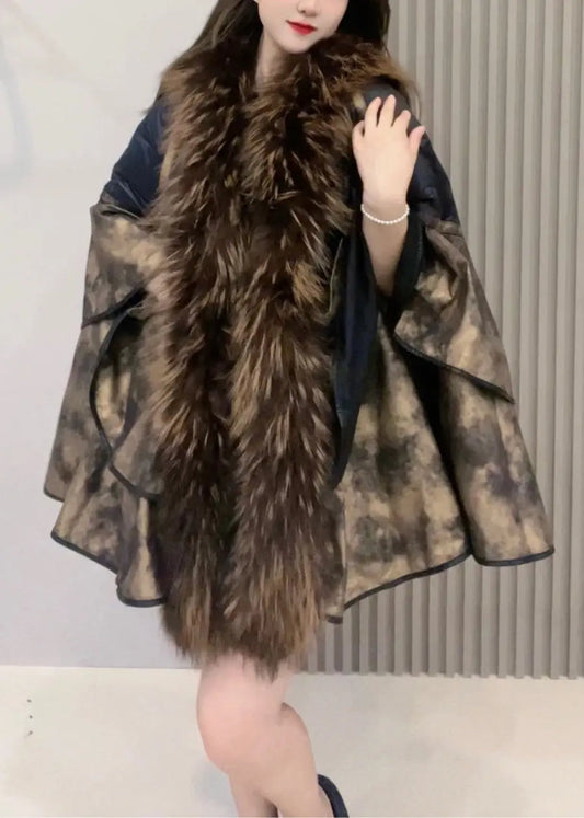 Loose Colorblock Fur Collar Duck Down Patchwork Leather And Fur Coats Winter Ada Fashion