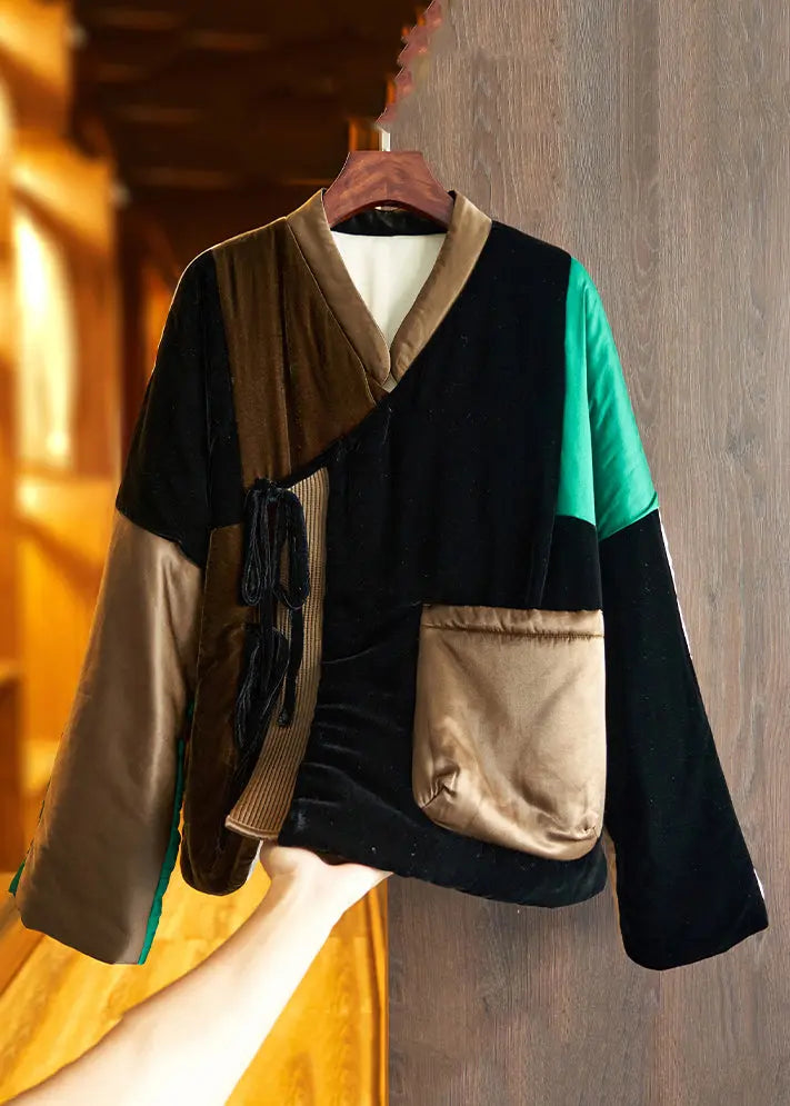 Loose Colorblock Lace Up Pockets Patchwork Silk Velour Parka Winter Ada Fashion