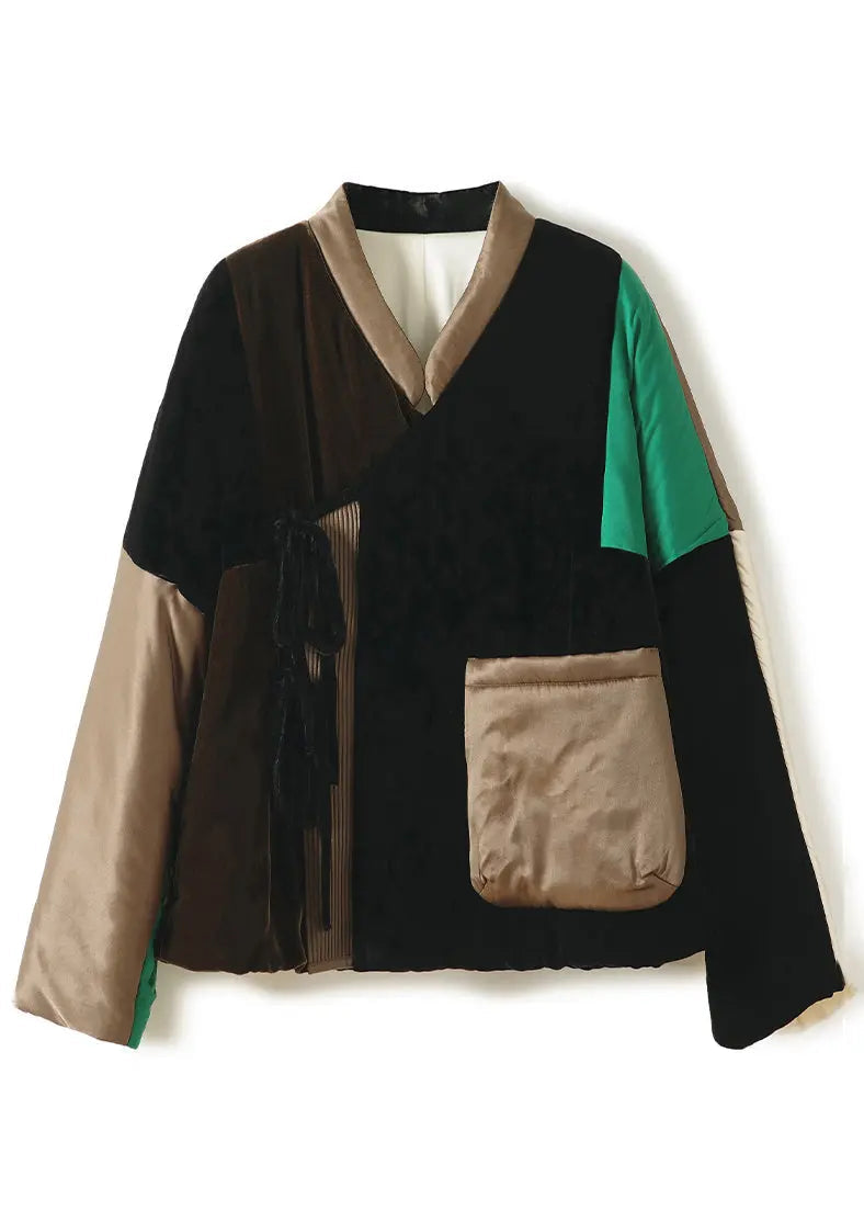 Loose Colorblock Lace Up Pockets Patchwork Silk Velour Parka Winter Ada Fashion
