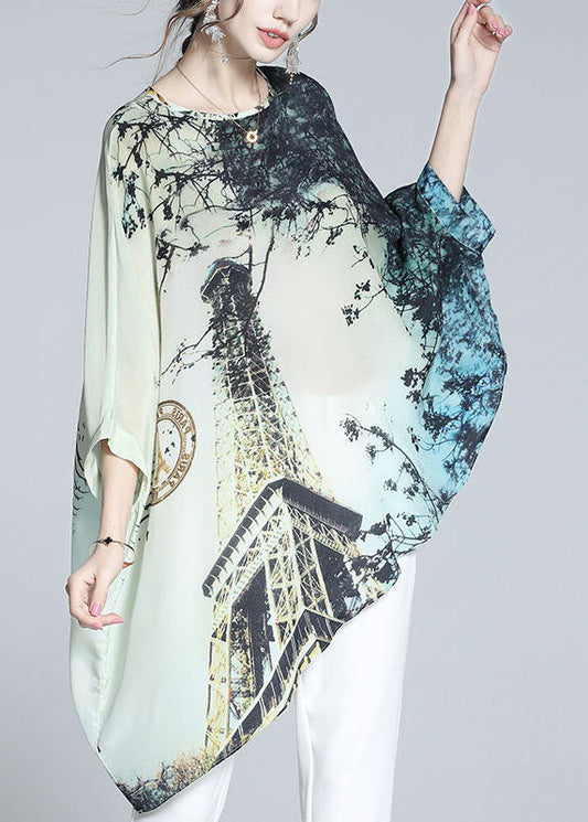 Loose Colorblock O-Neck Asymmetrical Print Silk Batwing Shirt Tops Summer LY0123 - fabuloryshop