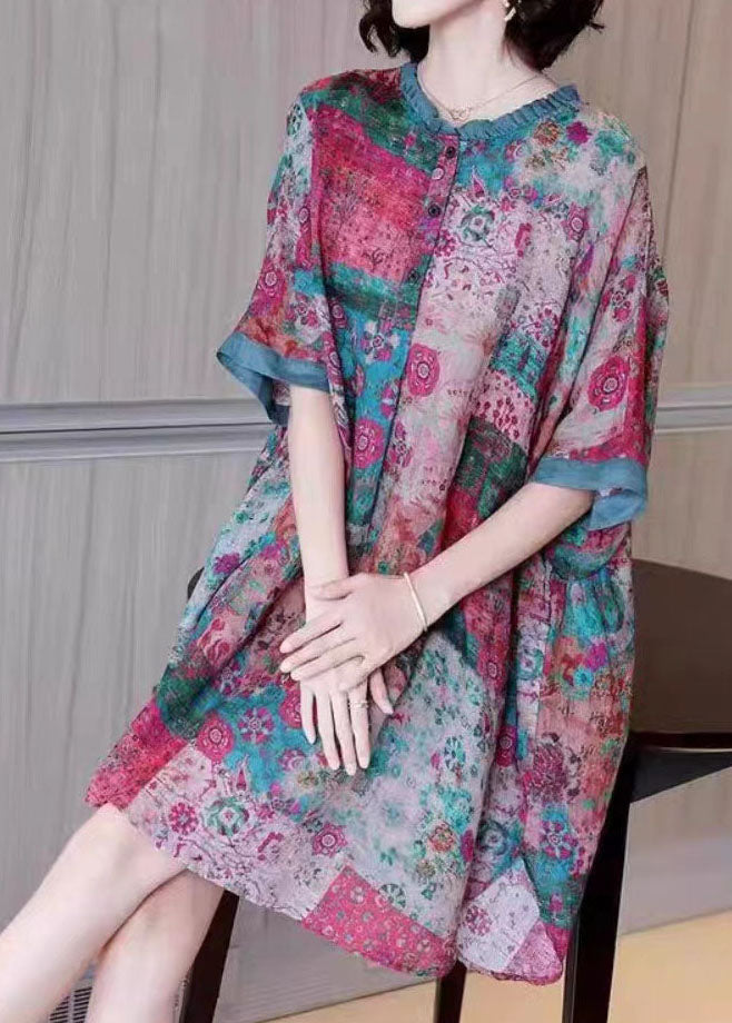 Loose Colorblock Ruffled Print Patchwork Linen Mid Dresses Summer TP1065