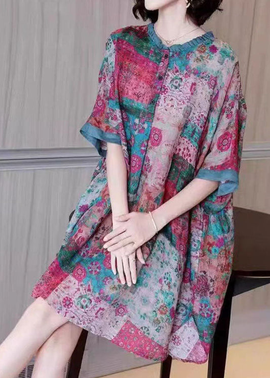 Loose Colorblock Ruffled Print Patchwork Linen Mid Dresses Summer Ada Fashion