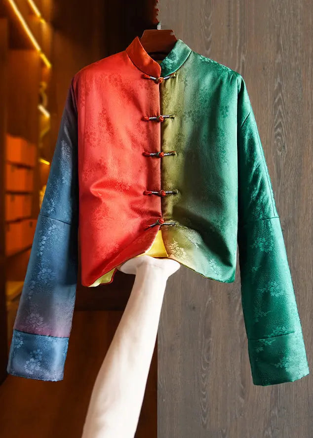 Loose Colorblock Stand Collar Button Patchwork Silk Parka Winter Ada Fashion