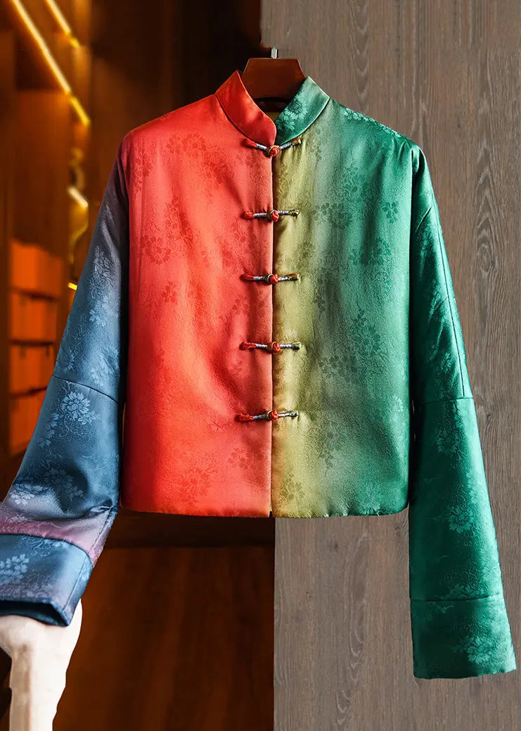 Loose Colorblock Stand Collar Button Patchwork Silk Parka Winter Ada Fashion