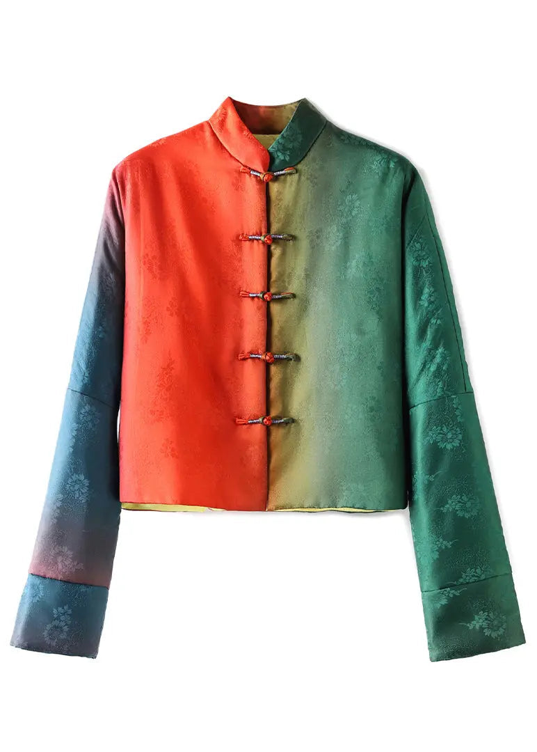 Loose Colorblock Stand Collar Button Patchwork Silk Parka Winter Ada Fashion