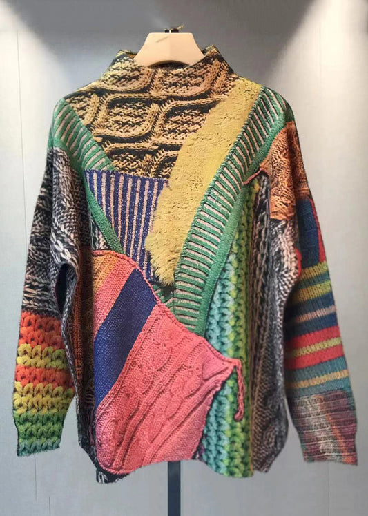 Loose Colorblock Turtleneck Patchwork Mink Hair Knitted Tops Fall Ada Fashion