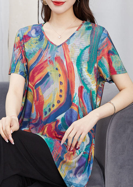 Loose Colorblock V Neck Patchwork Cotton T Shirt Top Summer Ada Fashion