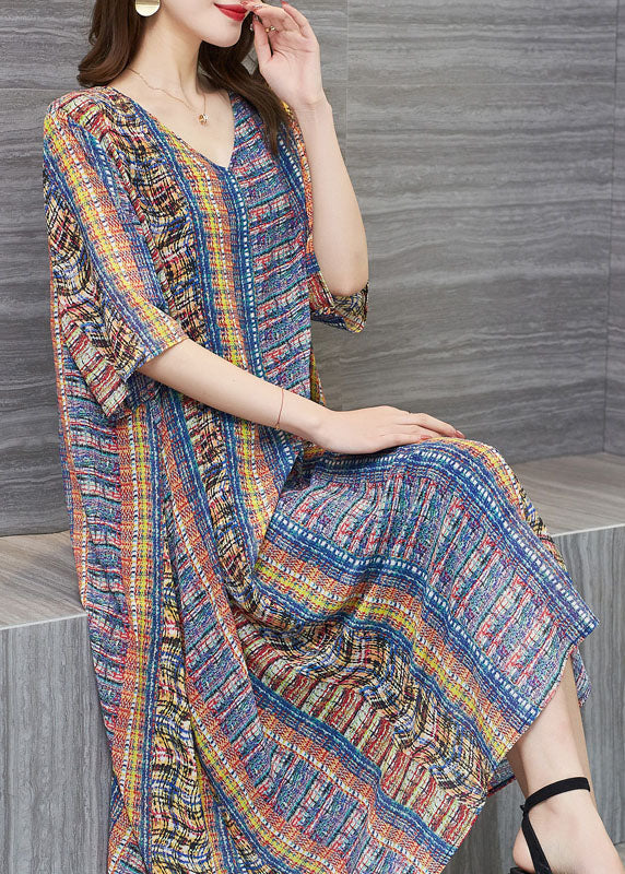 Loose Colorblock V Neck Print Patchwork Chiffon Dresses Summer Ada Fashion