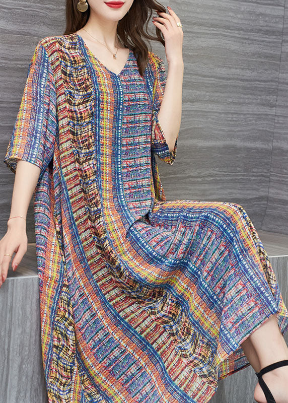 Loose Colorblock V Neck Print Patchwork Chiffon Dresses Summer Ada Fashion