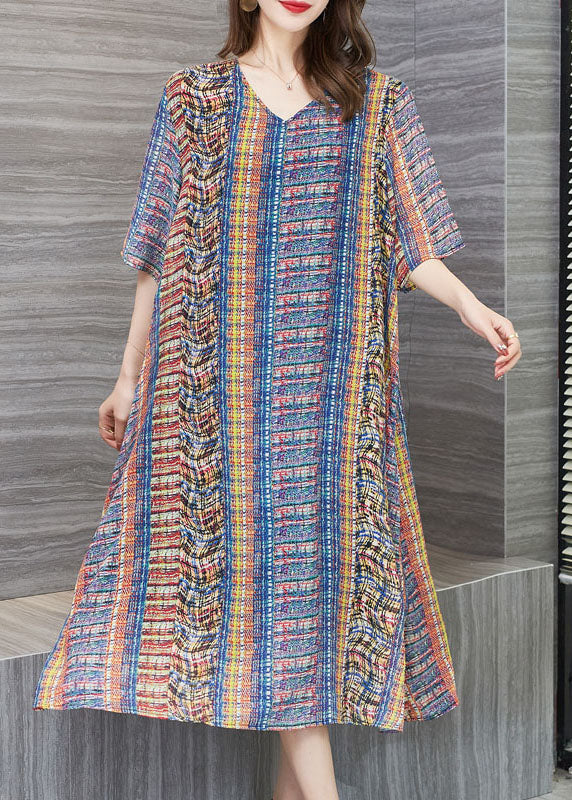 Loose Colorblock V Neck Print Patchwork Chiffon Dresses Summer Ada Fashion