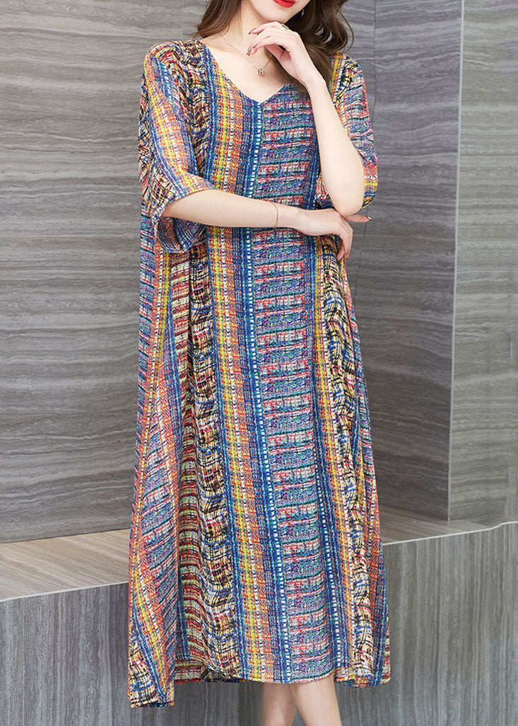 Loose Colorblock V Neck Print Patchwork Chiffon Dresses Summer Ada Fashion