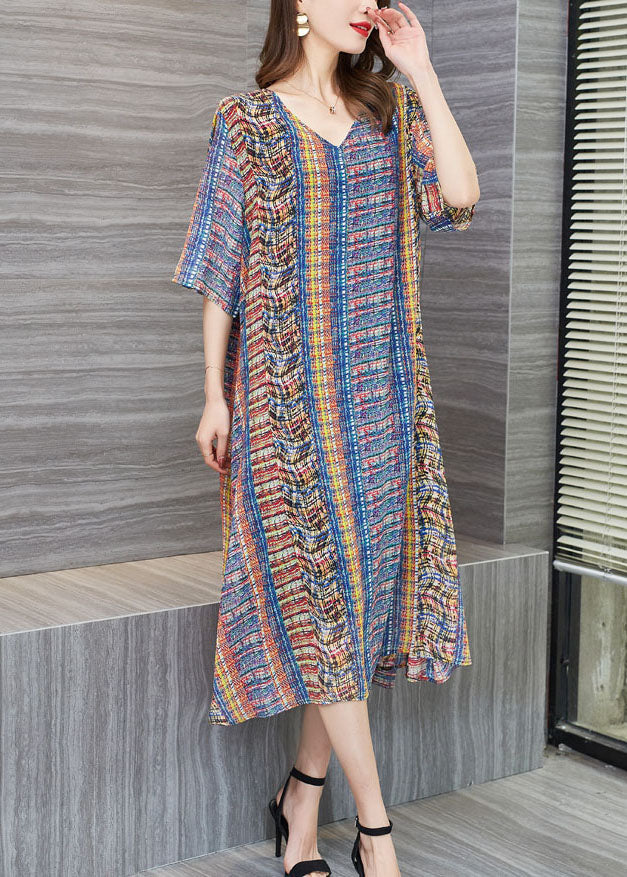 Loose Colorblock V Neck Print Patchwork Chiffon Dresses Summer Ada Fashion