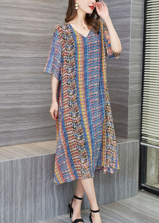 Loose Colorblock V Neck Print Patchwork Chiffon Dresses Summer Ada Fashion