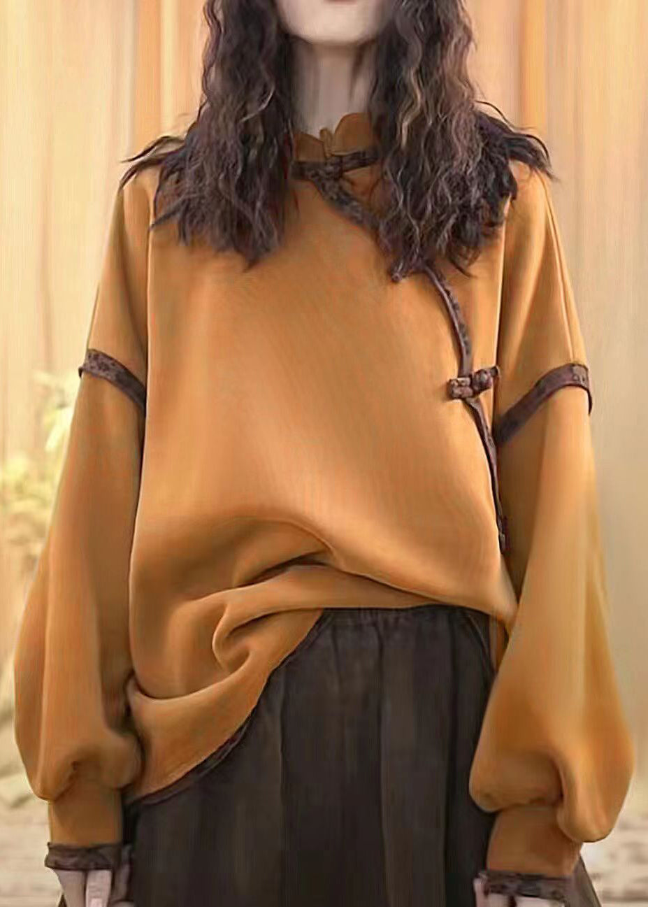 Loose Curry Yellow Stand Collar Button Patchwork Cotton Top Fall Ada Fashion