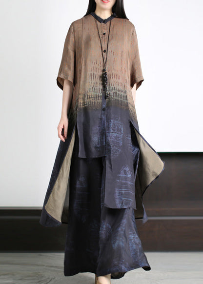 Loose Dark Blue Asymmetrical Patchwork Silk Long Shirts And Wide Leg Pants Two Piece Set Half Sleeve LY5135 - fabuloryshop