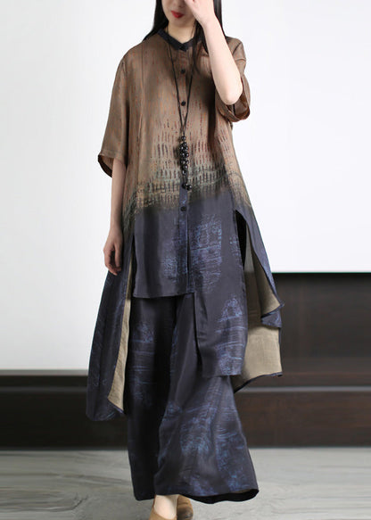 Loose Dark Blue Asymmetrical Patchwork Silk Long Shirts And Wide Leg Pants Two Piece Set Half Sleeve LY5135 - fabuloryshop