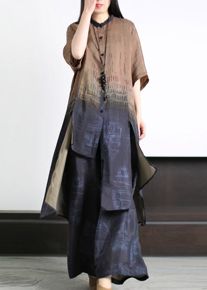 Loose Dark Blue Asymmetrical Patchwork Silk Long Shirts And Wide Leg Pants Two Piece Set Half Sleeve LY5135 - fabuloryshop