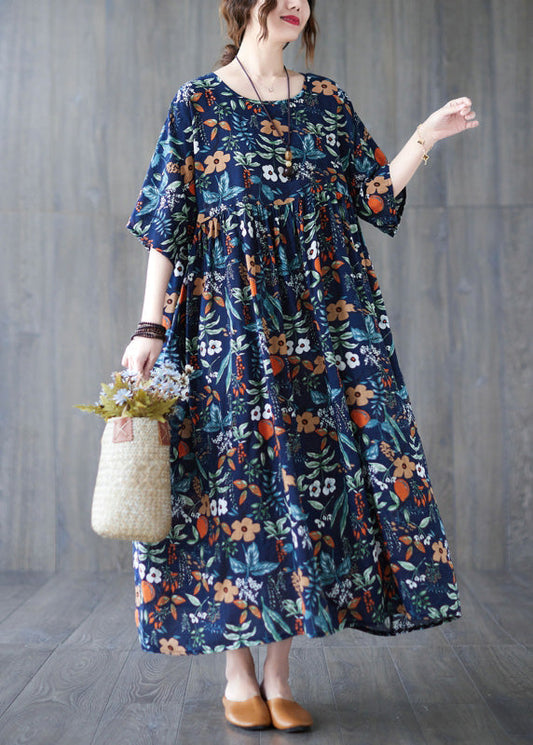 Loose Dark Blue O-Neck Print Wrinkled Robe Dresses Short Sleeve LY6072 - fabuloryshop