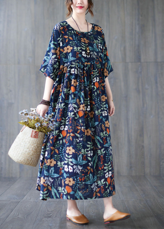 Loose Dark Blue O-Neck Print Wrinkled Robe Dresses Short Sleeve LY6072 - fabuloryshop