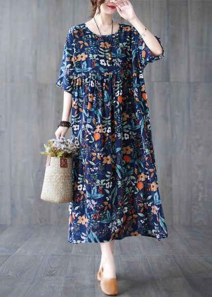 Loose Dark Blue O-Neck Print Wrinkled Robe Dresses Short Sleeve LY6072 - fabuloryshop