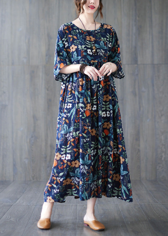 Loose Dark Blue O-Neck Print Wrinkled Robe Dresses Short Sleeve LY6072 - fabuloryshop