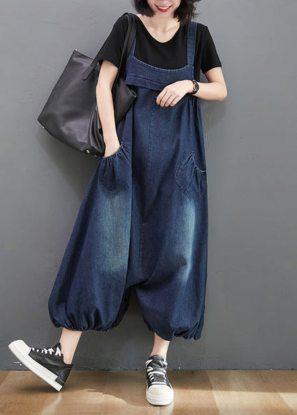 Loose Dark Blue Slash Neck Patchwork Lantern Jumpsuit Summer LY7942