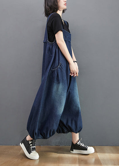 Loose Dark Blue Slash Neck Patchwork Lantern Jumpsuit Summer LY7942