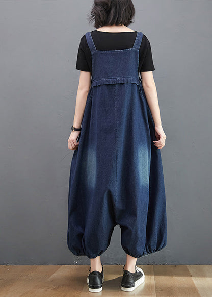 Loose Dark Blue Slash Neck Patchwork Lantern Jumpsuit Summer LY7942