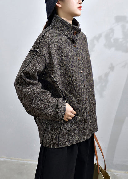 Loose Dark Gray Button Pockets Patchwork Cashmere Coats Fall Ada Fashion