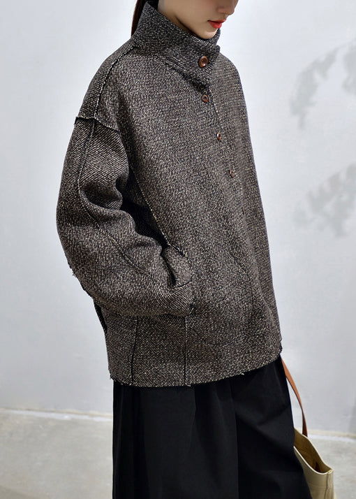 Loose Dark Gray Button Pockets Patchwork Cashmere Coats Fall Ada Fashion