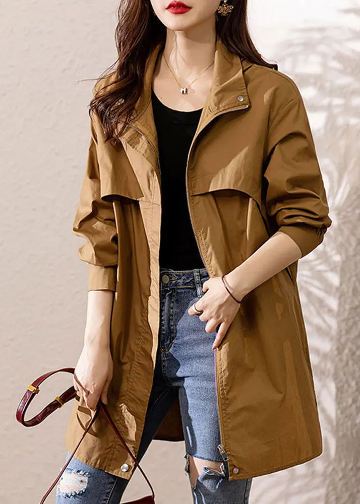 Loose Dark Khaki Hooded Zip Up Patchwork Cotton Trench Coat Fall Ada Fashion