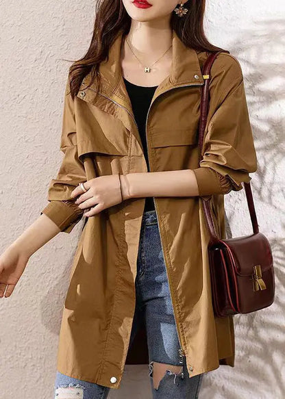 Loose Dark Khaki Hooded Zip Up Patchwork Cotton Trench Coat Fall Ada Fashion