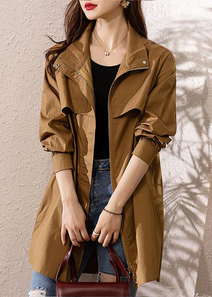 Loose Dark Khaki Hooded Zip Up Patchwork Cotton Trench Coat Fall Ada Fashion