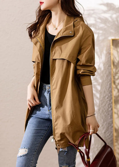 Loose Dark Khaki Hooded Zip Up Patchwork Cotton Trench Coat Fall Ada Fashion