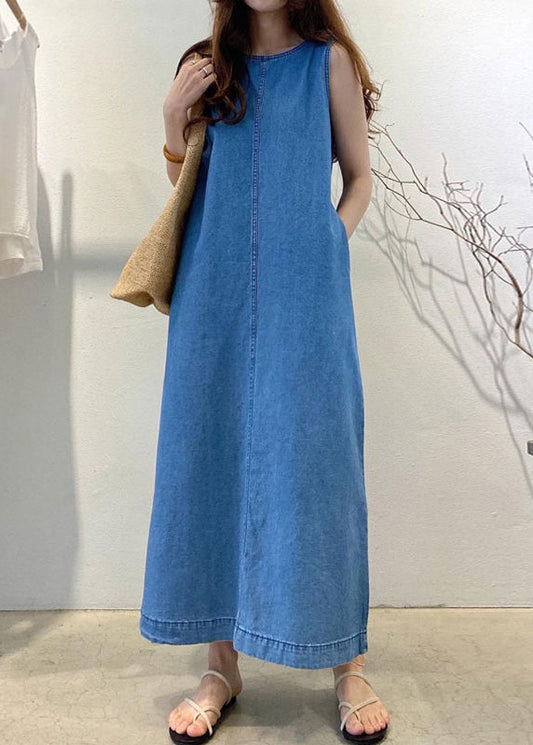 Loose Denim Blue O-Neck Patchwork Cozy Holiday Long Dress Summer LY2600 - fabuloryshop