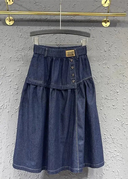 Loose Denim Blue Patchwork Button Elastic Waist A Line Skirt Ada Fashion