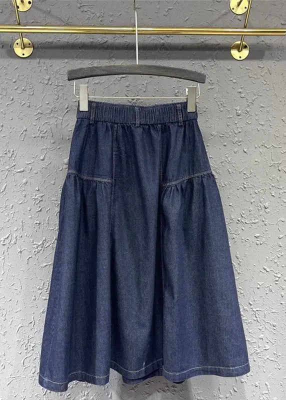 Loose Denim Blue Patchwork Button Elastic Waist A Line Skirt Ada Fashion