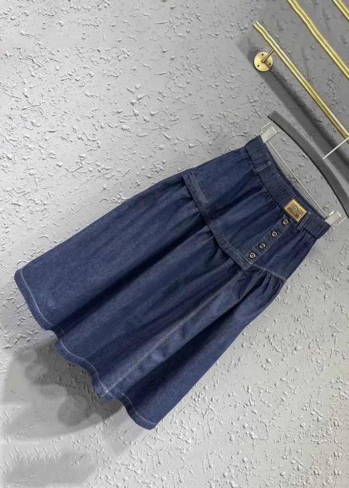 Loose Denim Blue Patchwork Button Elastic Waist A Line Skirt Ada Fashion