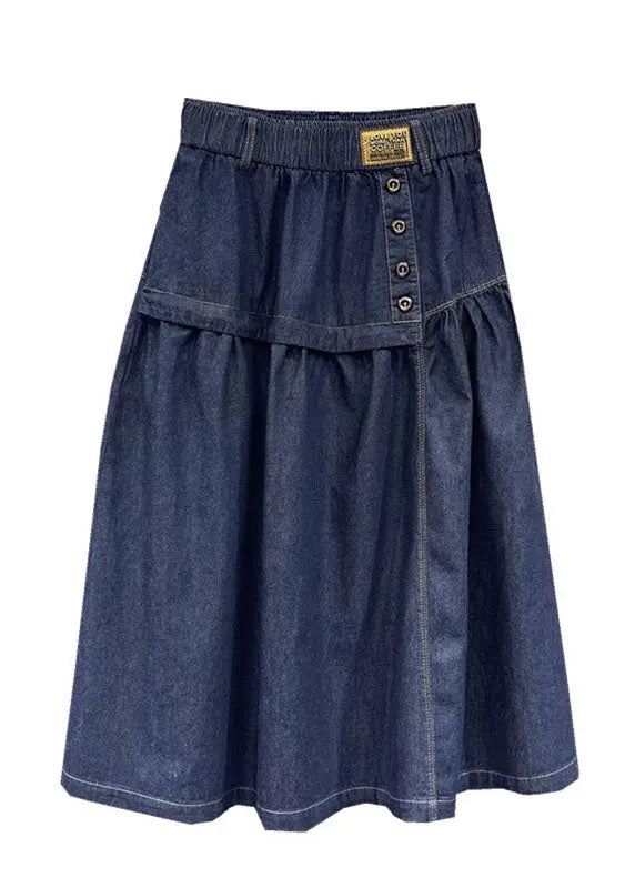 Loose Denim Blue Patchwork Button Elastic Waist A Line Skirt Ada Fashion